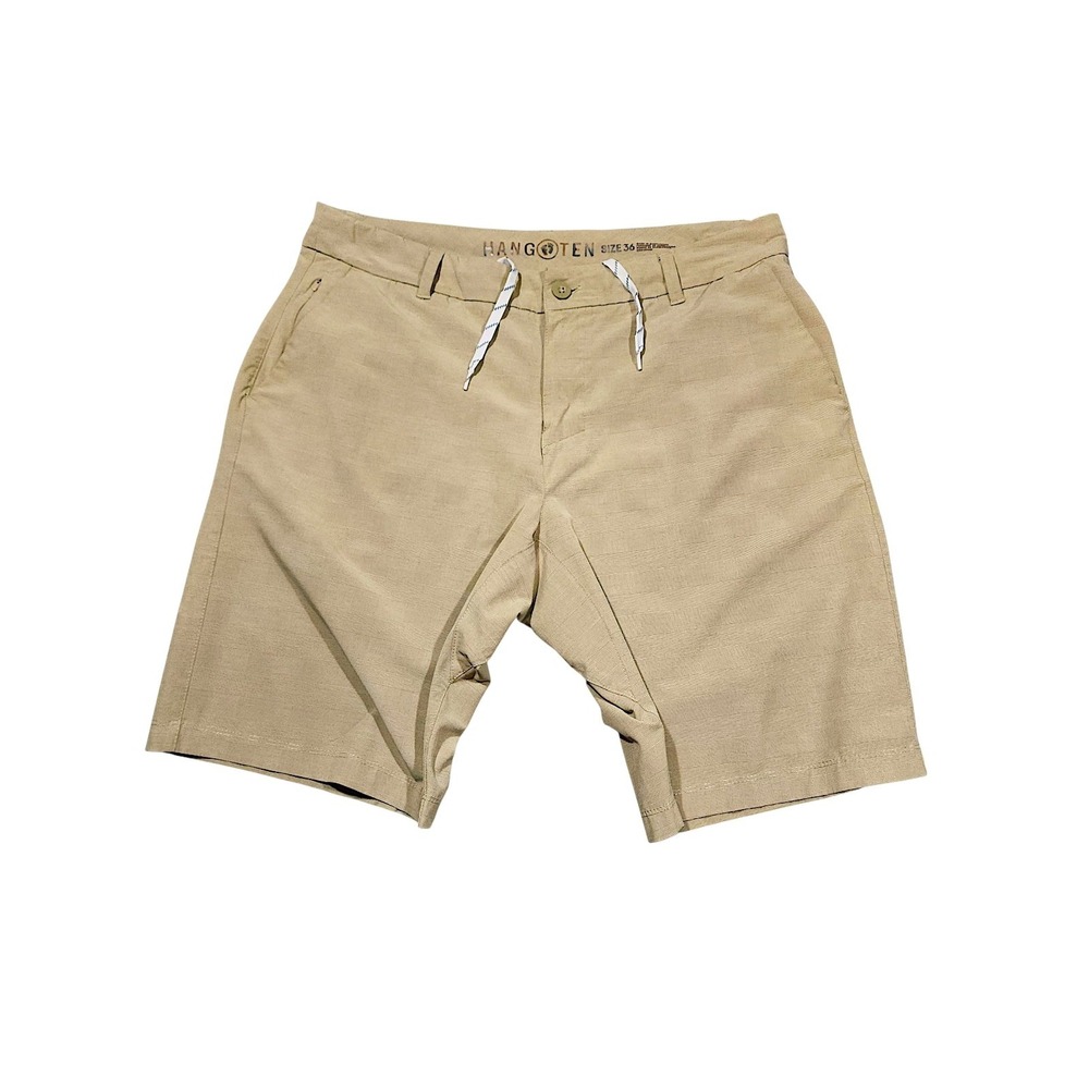 Hang Ten Hybrid Board Short 36 x10 Men Beige Plaid Flat Front Swim Golf Tech 20"